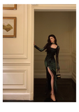 Niulatu Sheath Square Neckline Long Sleeves Green Long Prom Dresses Birthday Dress SD290