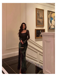 Niulatu Sheath Square Neckline Long Sleeves Green Long Prom Dresses Birthday Dress SD290