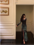 Niulatu Sheath Square Neckline Long Sleeves Green Long Prom Dresses Birthday Dress SD290