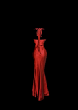 Niulatu Mermaid Halter Neckline Red Satin Prom Dress Ruffle Long Party Dress SD2912