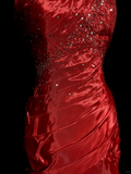 Niulatu Mermaid Strapless Neckline Red Taffeta Prom Dress Ruffle Long Party Dress SD2917