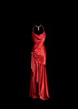 Niulatu High Low Halter Satin Red Prom Gown Fairy Long Prom Dresses SD2935