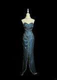 Niulatu Mermaid Sweetheart Sleeveless Long Blue Slit Prom Gown Fairy Prom Dresses SD2936