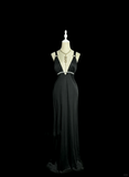 Niulatu A line Straps Black Satin Long Prom Dress Party Dress SD2937