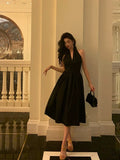 Niulatu A line V Neckline Sleeveless Black Knee Length Prom Dresses Black Birthday Dress SD293