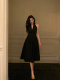 Niulatu A line V Neckline Sleeveless Black Knee Length Prom Dresses Black Birthday Dress SD293