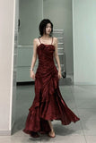 Niulatu Mermaid Spaghetti Straps Burgundy Long Party Dresses Birthday Outfits SD2947