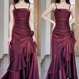Niulatu Mermaid Spaghetti Straps Burgundy Long Party Dresses Birthday Outfits SD2947
