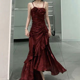 Niulatu Mermaid Spaghetti Straps Burgundy Long Party Dresses Birthday Outfits SD2947