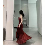 Niulatu Mermaid Spaghetti Straps Burgundy Long Party Dresses Birthday Outfits SD2947