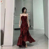 Niulatu Mermaid Spaghetti Straps Burgundy Long Party Dresses Birthday Outfits SD2947
