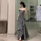 Niulatu Mermaid Spaghetti Straps Gray Long Party Dresses Birthday Outfits SD2949