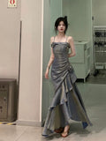 Niulatu Mermaid Spaghetti Straps Gray Long Party Dresses Birthday Outfits SD2949
