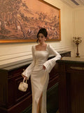 Niulatu Mermaid Square Neckline Long Sleeves Slit Prom Dresses Birthday Outfits SD294
