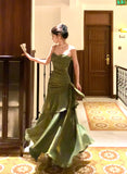 Niulatu Green Mermaid Straps Long Satin Party Dress, Green Satin Evening Dress Prom Dress SD2952