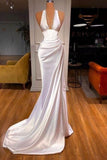 Niulatu Halter V-Neck Mermaid Prom Dress Ruffle Satin Long Party Dress SD2953