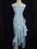 Niulatu Baby Blue Vintage Floral Dress Asymmetrical Hem Prom Gown SD2954