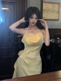 Niulatu Yellow Halter Neck Floral Prom Gown Fairy Princess Prom Dress SD2955