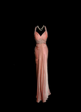 Classy A Line Halter Pink Beads Evening Dress Long Prom Dresses HZ1214