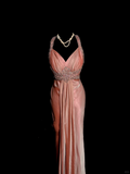 Classy A Line Halter Pink Beads Evening Dress Long Prom Dresses HZ1214