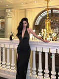 Niulatu Mermaid V Neckline Backless Black Slit Prom Dresses Birthday Outfits SD295