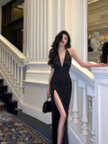 Niulatu Mermaid V Neckline Backless Black Slit Prom Dresses Birthday Outfits SD295
