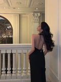 Niulatu Mermaid V Neckline Backless Black Slit Prom Dresses Birthday Outfits SD295