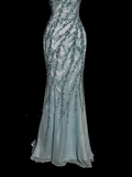 Niulatu Mermaid Strapless Tulle Blue Beads Long Prom Gown Fairy Prom Dresses SD2960