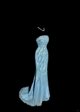 Niulatu Mermaid Strapless Tulle Blue Beads Long Prom Gown Fairy Prom Dresses SD2960