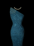 Classy Mermaid One Shoulder Blue Sequin Beads Long Evening Dress Prom Dresses HZ1214