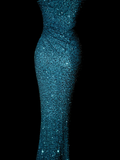Classy Mermaid One Shoulder Blue Sequin Beads Long Evening Dress Prom Dresses HZ1214