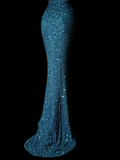 Classy Mermaid One Shoulder Blue Sequin Beads Long Evening Dress Prom Dresses HZ1214