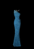 Classy Mermaid One Shoulder Blue Sequin Beads Long Evening Dress Prom Dresses HZ1214