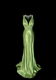 Vintage Classy Mermaid V Neckline Sage Green Beads Long Evening Dress Prom Dresses HZ1214