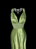 Vintage Classy Mermaid V Neckline Sage Green Beads Long Evening Dress Prom Dresses HZ1214