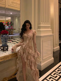 Niulatu High Low Sweetheart Long Sleeves Floral Ruffles Chiffon Prom Dresses Birthday Outfits SD296
