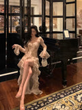 Niulatu High Low Sweetheart Long Sleeves Floral Ruffles Chiffon Prom Dresses Birthday Outfits SD296