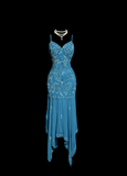 Classy Elegant Sheath Spaghetti Straps Blue Beading Sleeveless Chiffon Prom Dresses HZ1214