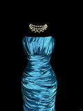 Vintage Classy Mermaid Strapless Blue Satin Sleeveless Pleated Long Evening Dress Prom Dresses HZ1214