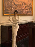 Niulatu Sheath Scoop Long Sleeves Floral Ivory Silk Satin Long Prom Dresses Birthday Outfits SD297