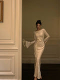 Niulatu Sheath Scoop Long Sleeves Floral Ivory Silk Satin Long Prom Dresses Birthday Outfits SD297