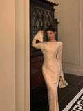 Niulatu Sheath Scoop Long Sleeves Floral Ivory Silk Satin Long Prom Dresses Birthday Outfits SD297