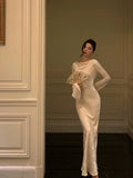 Niulatu Sheath Scoop Long Sleeves Floral Ivory Silk Satin Long Prom Dresses Birthday Outfits SD297
