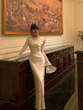 Niulatu Sheath Scoop Long Sleeves Floral Ivory Silk Satin Long Prom Dresses Birthday Outfits SD297