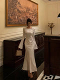 Niulatu Mermaid Boat Neckline Long Sleeves Silk Satin Prom Dresses Birthday Dress SD300