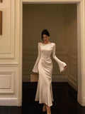 Niulatu Mermaid Boat Neckline Long Sleeves Silk Satin Prom Dresses Birthday Dress SD300