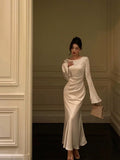 Niulatu Mermaid Boat Neckline Long Sleeves Silk Satin Prom Dresses Birthday Dress SD300