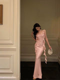 Niulatu Mermaid Straps Neckline Backless Silk Satin Pink Slit Prom Dresses Birthday Outfits SD301