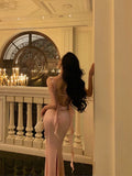 Niulatu Mermaid Straps Neckline Backless Silk Satin Pink Slit Prom Dresses Birthday Outfits SD301