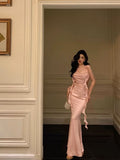Niulatu Mermaid Straps Neckline Backless Silk Satin Pink Slit Prom Dresses Birthday Outfits SD301
